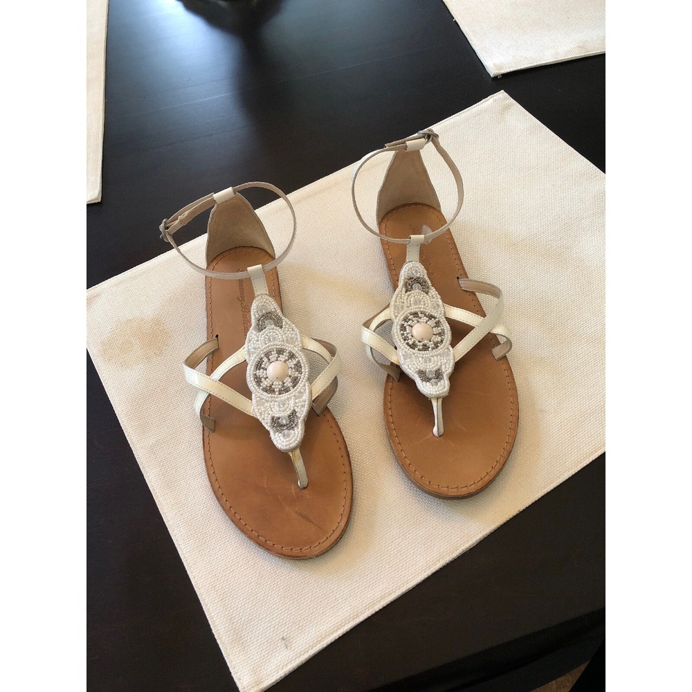 Tommy Bahama T Strap Gladiator Silver White Beaded Sandal Flat 8.5 TFW00243
